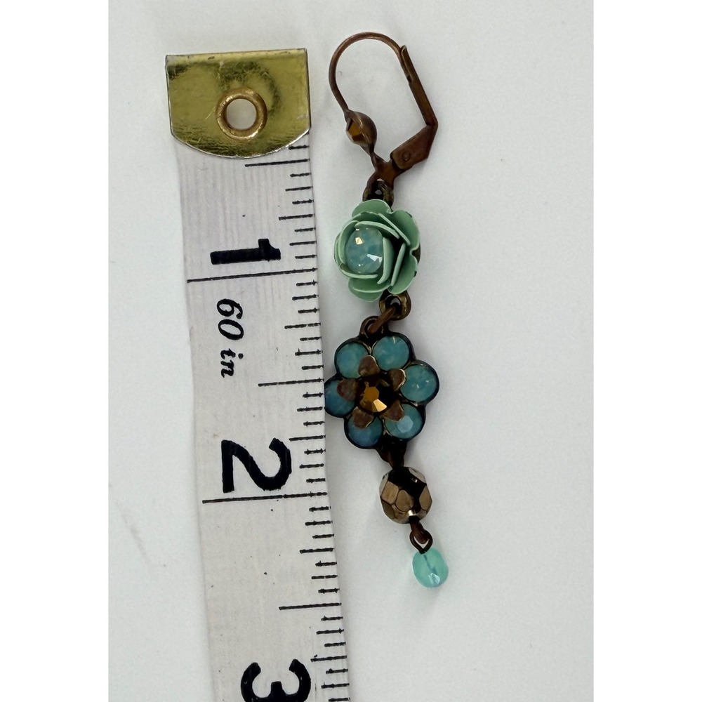 Michal Negrin Rose Floral Drop Earrings Green Blue Crystal Brass Leverback - Picture 4 of 8